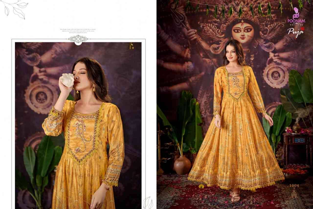 Puja By Poonam Designer 1001 To 1006 Series Beautiful Stylish Fancy Colorful Casual Wear & Ethnic Wear Natural Crepe Gowns At Wholesale Price