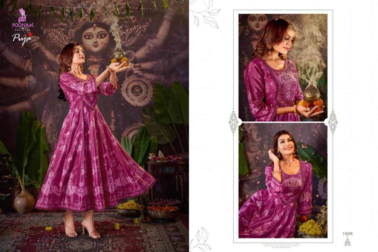 Puja By Poonam Designer 1001 To 1006 Series Beautiful Stylish Fancy Colorful Casual Wear & Ethnic Wear Natural Crepe Gowns At Wholesale Price