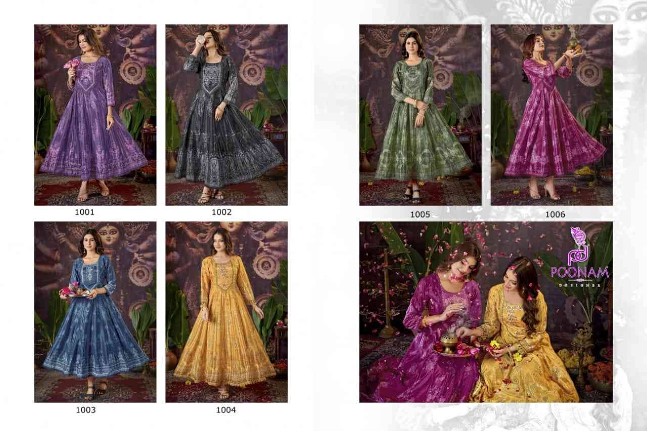 Puja By Poonam Designer 1001 To 1006 Series Beautiful Stylish Fancy Colorful Casual Wear & Ethnic Wear Natural Crepe Gowns At Wholesale Price