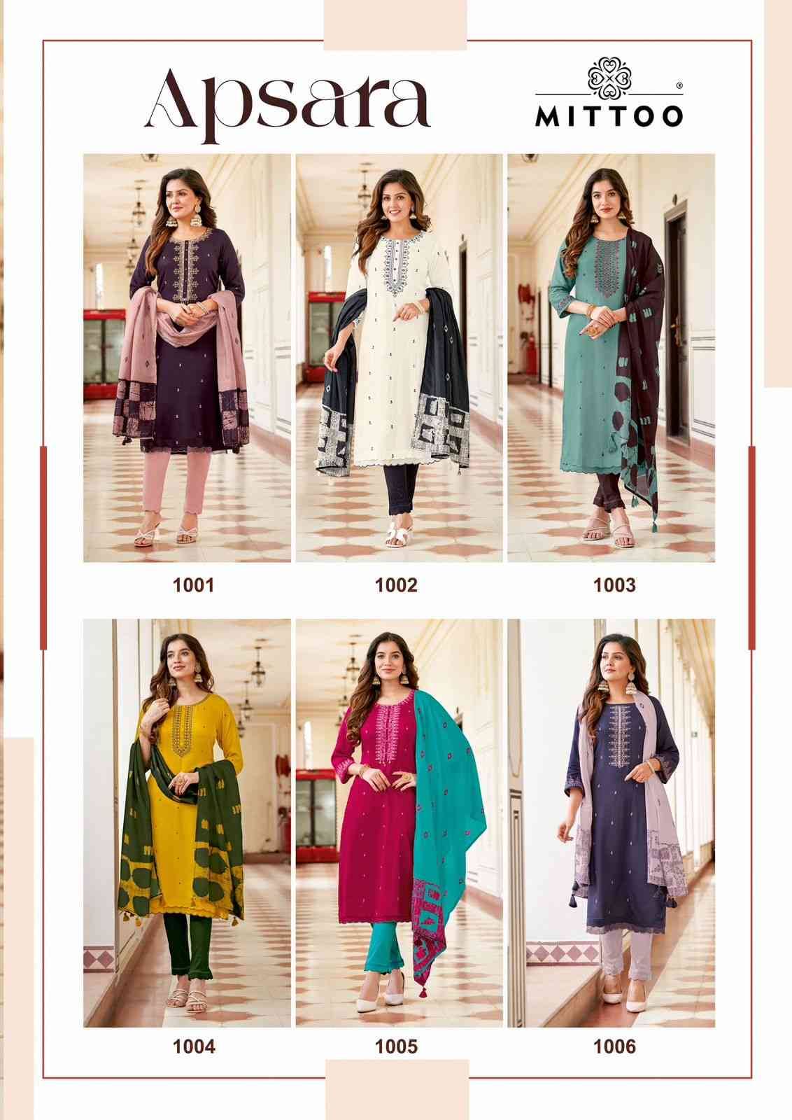 Apsara By Mittoo 1001 To 1006 Series Beautiful Festive Suits Colorful Stylish Fancy Casual Wear & Ethnic Wear Viscose With Work Dresses At Wholesale Price