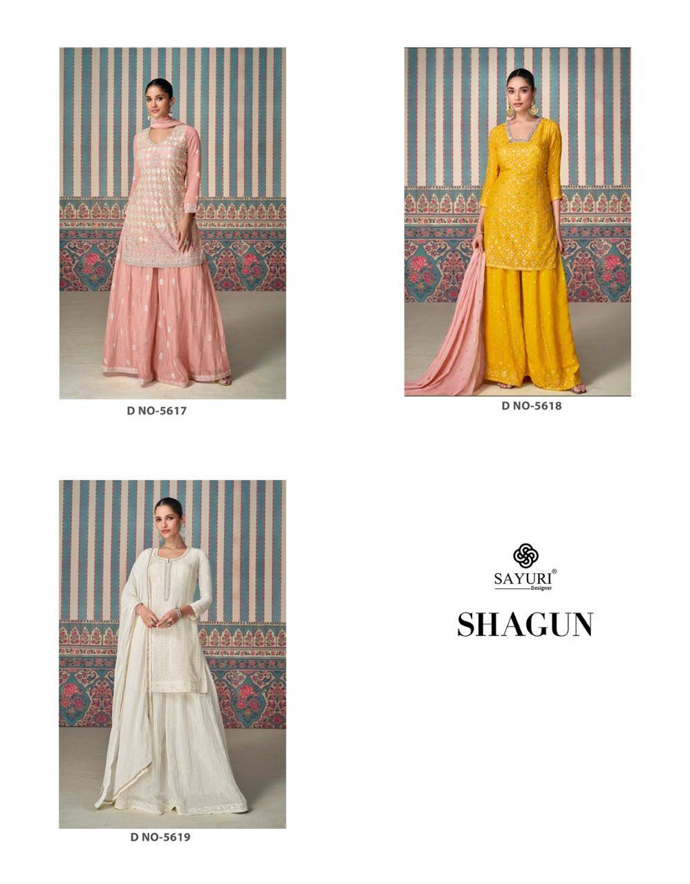 Shagun By Sayuri 5617 To 5619 Series Designer Sharara Suits Beautiful Fancy Colorful Stylish Party Wear & Occasional Wear Heavy Chinnon Silk Dresses At Wholesale Price