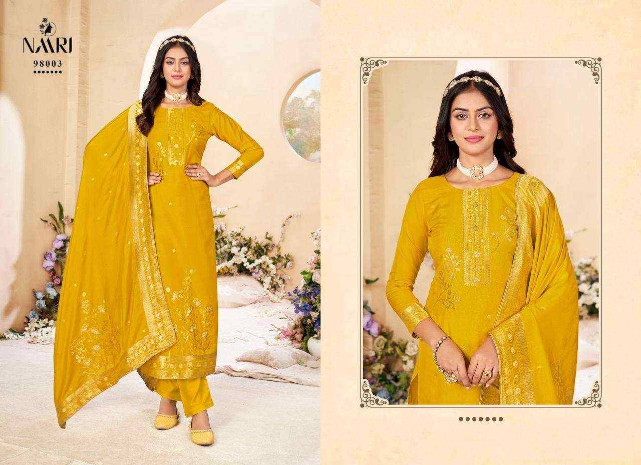 Mehar Vol-8 By Naari 98001 To 98004 Series Beautiful Stylish Festive Suits Fancy Colorful Casual Wear & Ethnic Wear & Ready To Wear Pure Muslin Jacquard Dresses At Wholesale Price