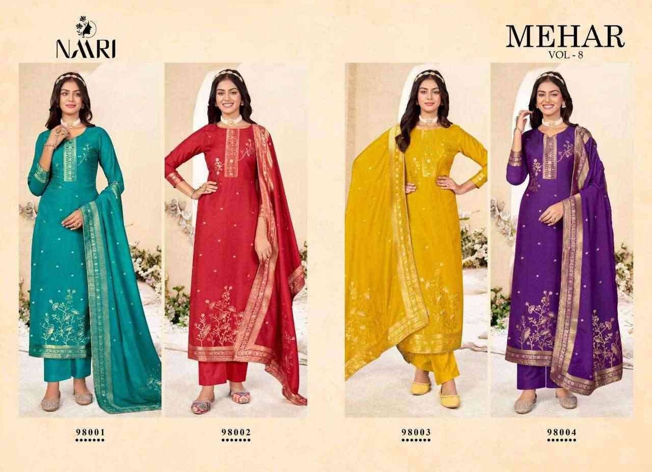 Mehar Vol-8 By Naari 98001 To 98004 Series Beautiful Stylish Festive Suits Fancy Colorful Casual Wear & Ethnic Wear & Ready To Wear Pure Muslin Jacquard Dresses At Wholesale Price