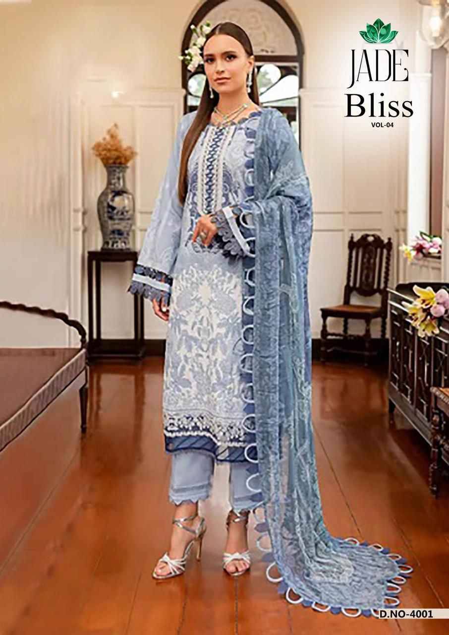 Bliss Vol-4 By Jade 4001 To 4006 Series Beautiful Festive Suits Colorful Stylish Fancy Casual Wear & Ethnic Wear Pure Cotton Print Dresses At Wholesale Price