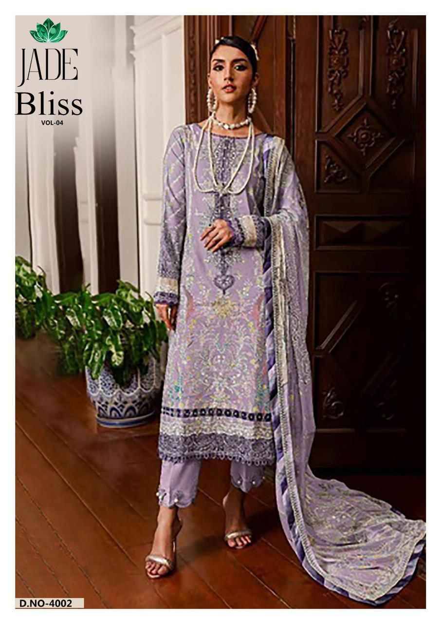 Bliss Vol-4 By Jade 4001 To 4006 Series Beautiful Festive Suits Colorful Stylish Fancy Casual Wear & Ethnic Wear Pure Cotton Print Dresses At Wholesale Price