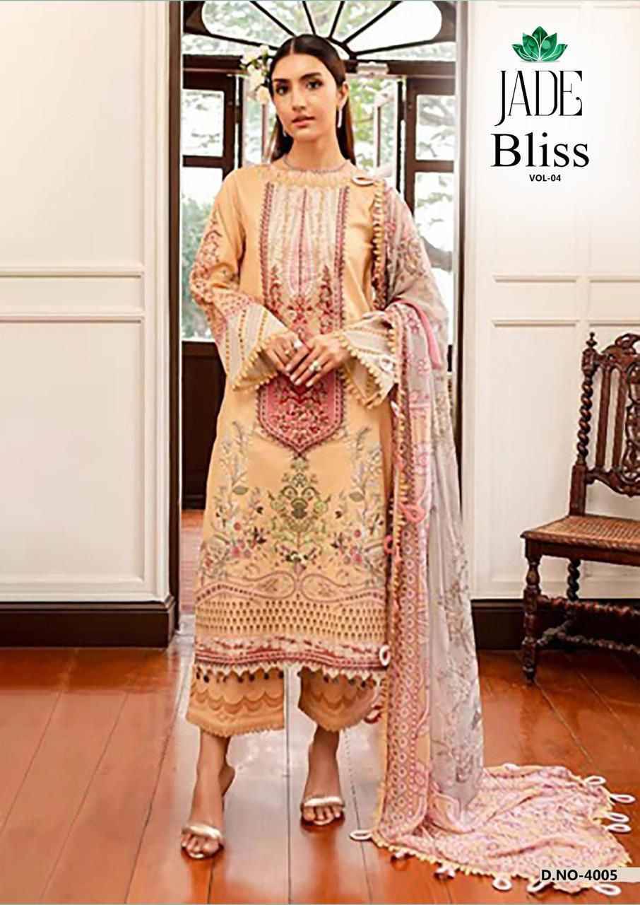 Bliss Vol-4 By Jade 4001 To 4006 Series Beautiful Festive Suits Colorful Stylish Fancy Casual Wear & Ethnic Wear Pure Cotton Print Dresses At Wholesale Price