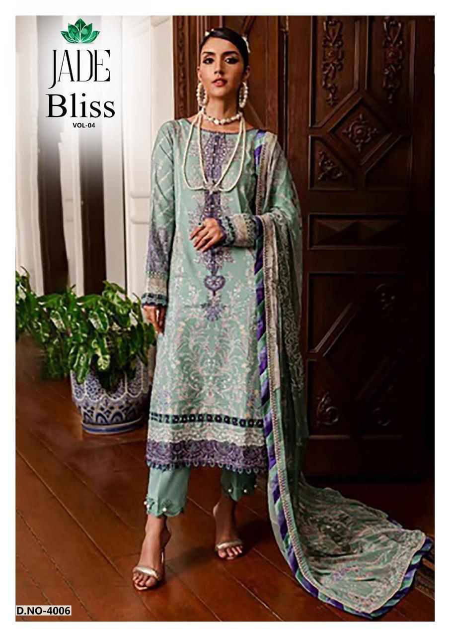 Bliss Vol-4 By Jade 4001 To 4006 Series Beautiful Festive Suits Colorful Stylish Fancy Casual Wear & Ethnic Wear Pure Cotton Print Dresses At Wholesale Price