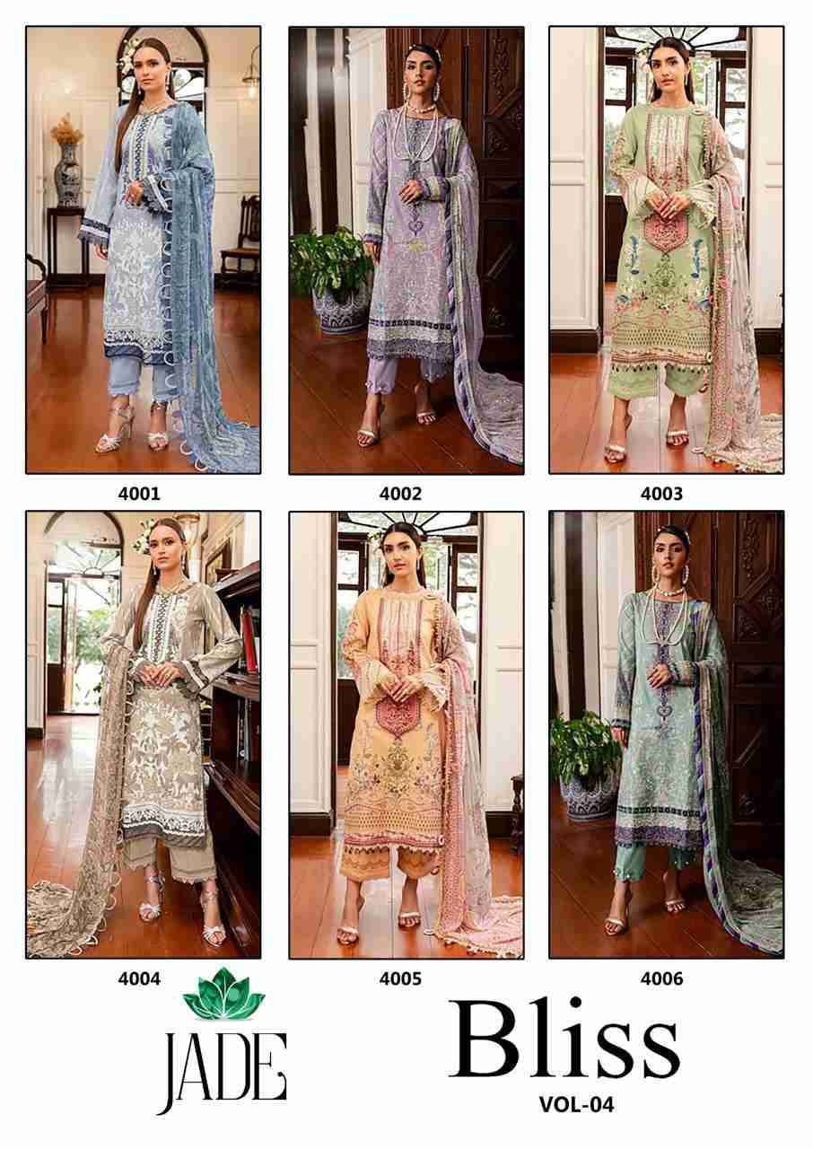 Bliss Vol-4 By Jade 4001 To 4006 Series Beautiful Festive Suits Colorful Stylish Fancy Casual Wear & Ethnic Wear Pure Cotton Print Dresses At Wholesale Price