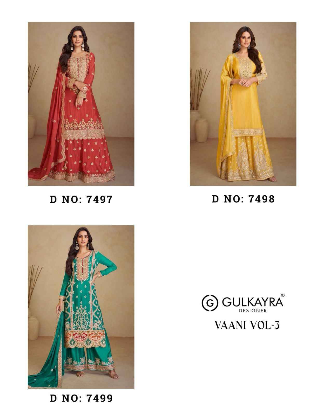 Vaani Vol-3 By Gulkayra Designer 7497 To 7499 Series Designer Festive Festive Suits Collection Beautiful Stylish Fancy Colorful Party Wear & Occasional Wear Chinnon Dresses At Wholesale Price