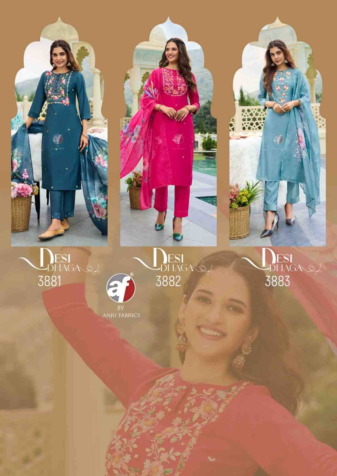 Desi Dhaga By Anju Fabrics 3881 To 3886 Series Designer Festive Suits Beautiful Stylish Fancy Colorful Party Wear & Occasional Wear Viscose Rayon Dresses At Wholesale Price