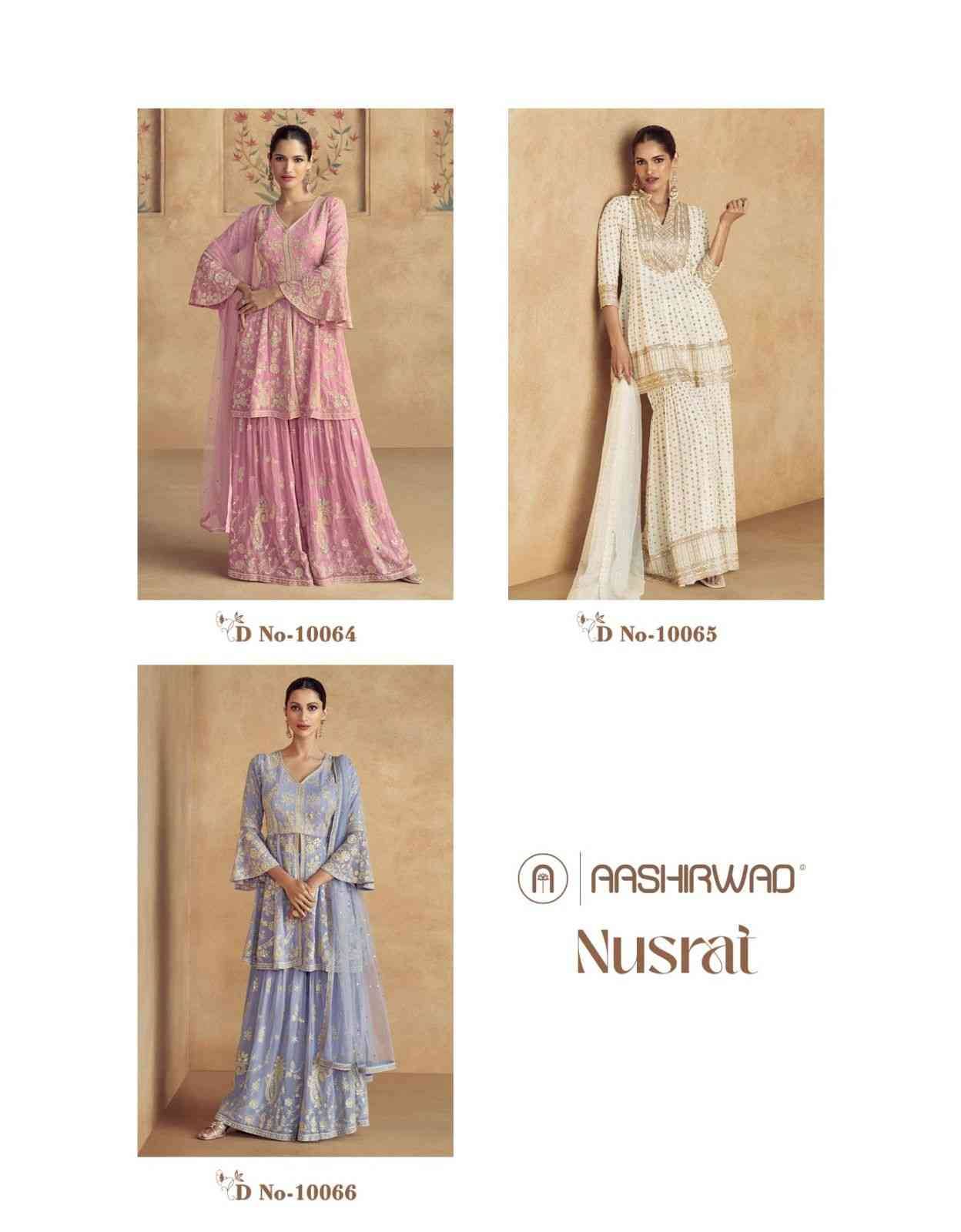 Nusrat By Aashirwad Creation 10064 To 10066 Series Designer Sharara Suits Beautiful Fancy Colorful Stylish Party Wear & Occasional Wear Heavy Georgette Dresses At Wholesale Price