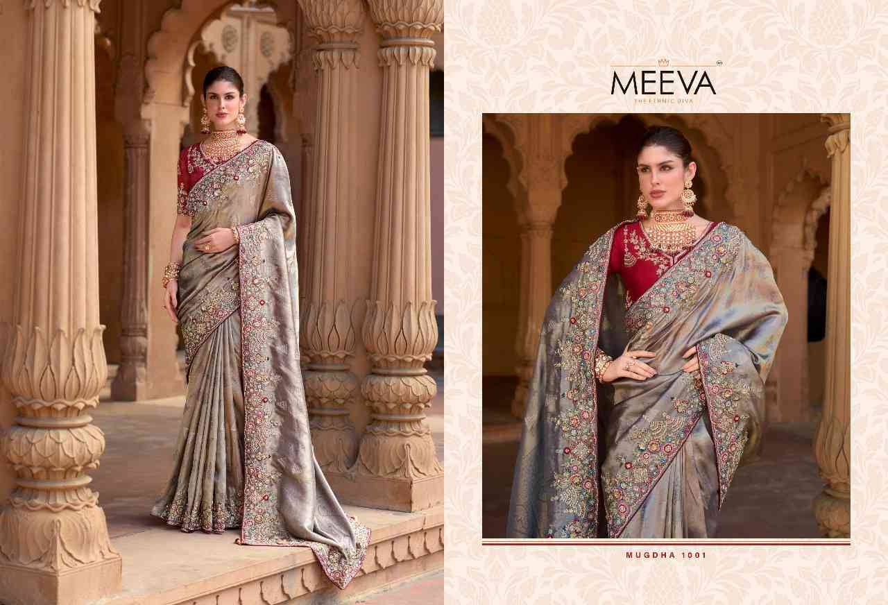 Mugdha By Meeva 1001 To 1007 Series Indian Traditional Wear Collection Beautiful Stylish Fancy Colorful Party Wear & Occasional Wear Silk Organza Sarees At Wholesale Price