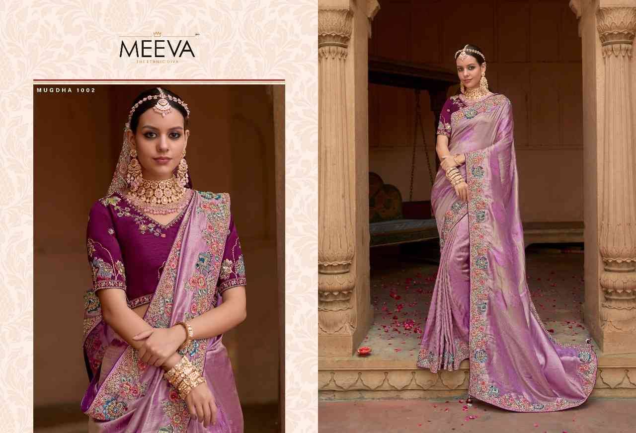 Mugdha By Meeva 1001 To 1007 Series Indian Traditional Wear Collection Beautiful Stylish Fancy Colorful Party Wear & Occasional Wear Silk Organza Sarees At Wholesale Price