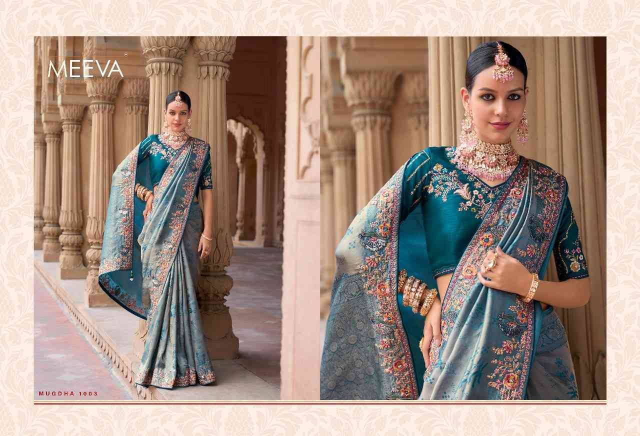 Mugdha By Meeva 1001 To 1007 Series Indian Traditional Wear Collection Beautiful Stylish Fancy Colorful Party Wear & Occasional Wear Silk Organza Sarees At Wholesale Price