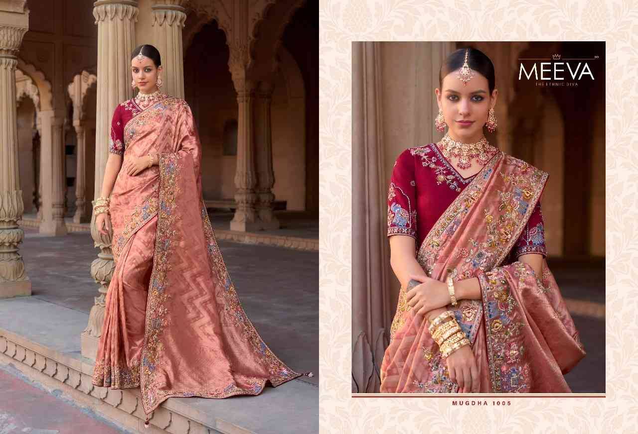 Mugdha By Meeva 1001 To 1007 Series Indian Traditional Wear Collection Beautiful Stylish Fancy Colorful Party Wear & Occasional Wear Silk Organza Sarees At Wholesale Price