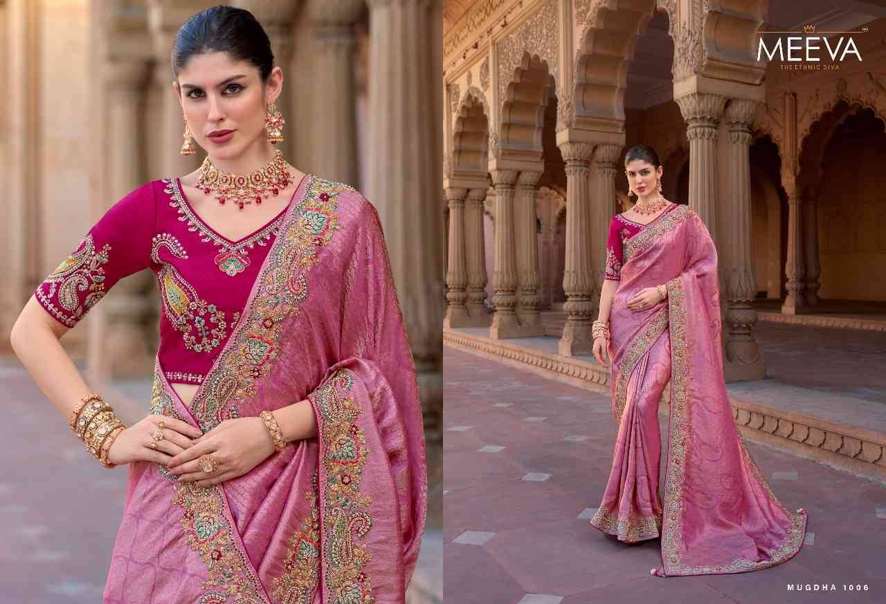 Mugdha By Meeva 1001 To 1007 Series Indian Traditional Wear Collection Beautiful Stylish Fancy Colorful Party Wear & Occasional Wear Silk Organza Sarees At Wholesale Price