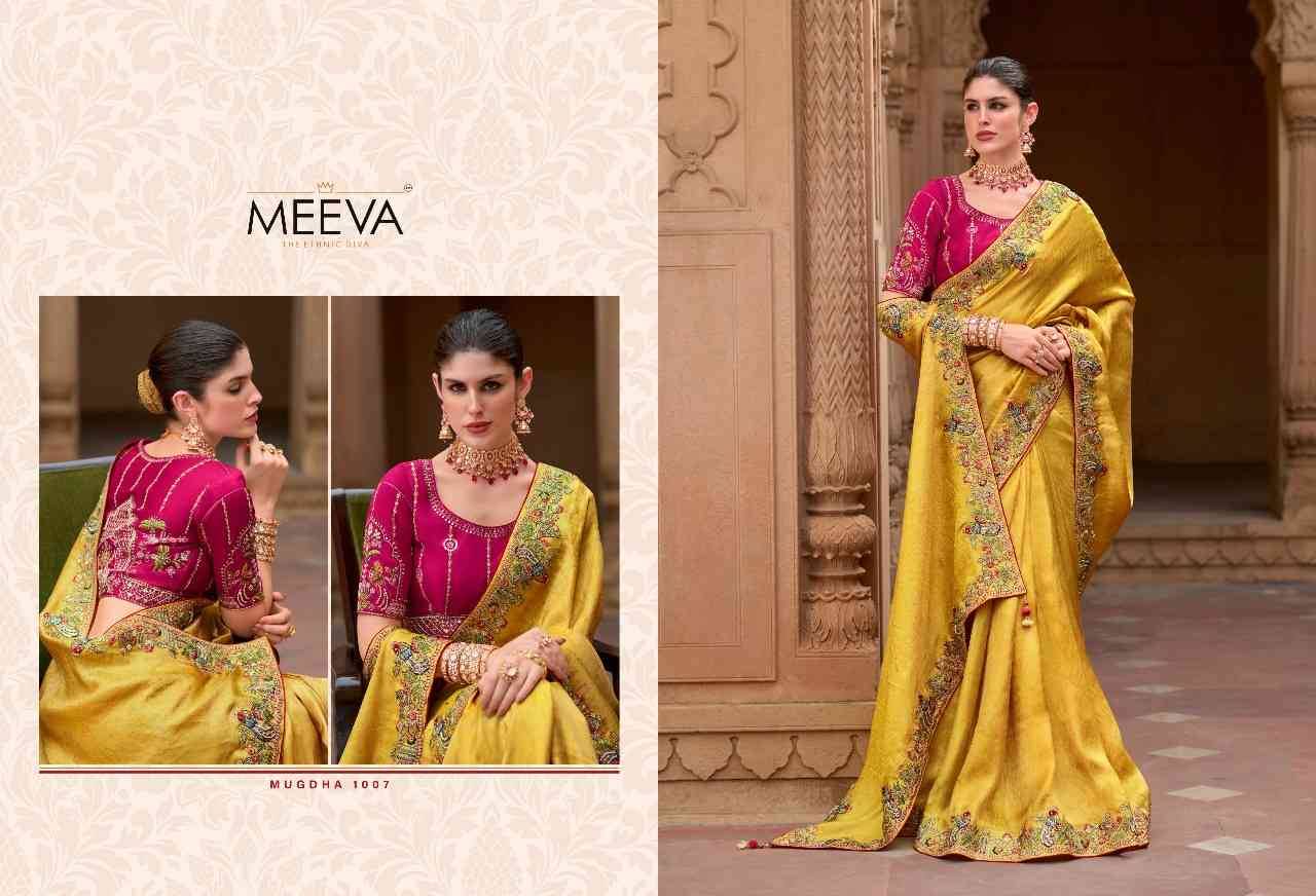 Mugdha By Meeva 1001 To 1007 Series Indian Traditional Wear Collection Beautiful Stylish Fancy Colorful Party Wear & Occasional Wear Silk Organza Sarees At Wholesale Price