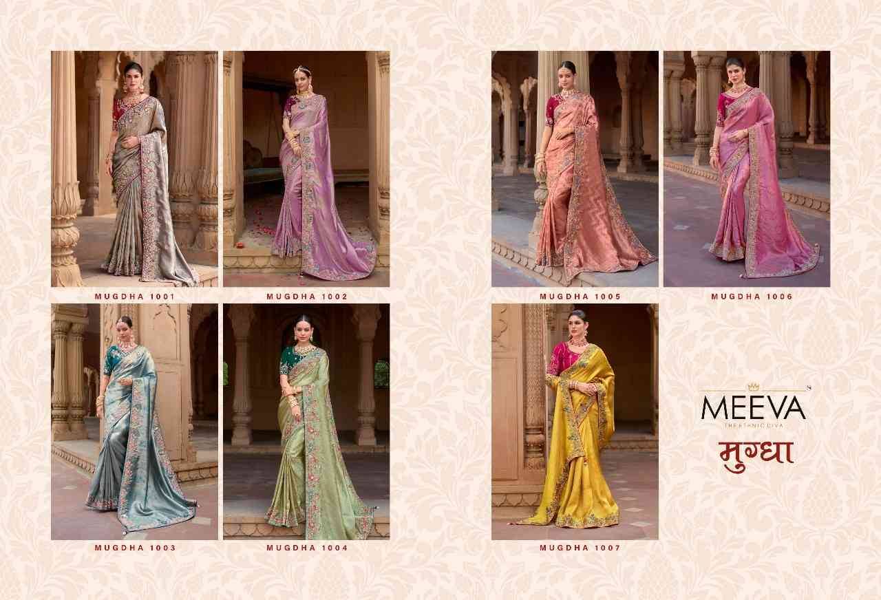 Mugdha By Meeva 1001 To 1007 Series Indian Traditional Wear Collection Beautiful Stylish Fancy Colorful Party Wear & Occasional Wear Silk Organza Sarees At Wholesale Price