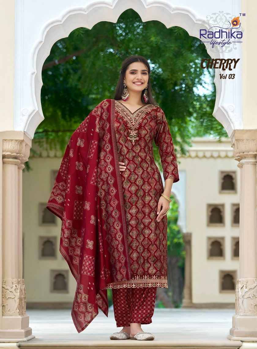 Cherry Vol-3 By Radhika Lifestyle 3001 To 3008 Series Beautiful Festive Suits Colorful Stylish Fancy Casual Wear & Ethnic Wear Pure Chanderi Print Dresses At Wholesale Price