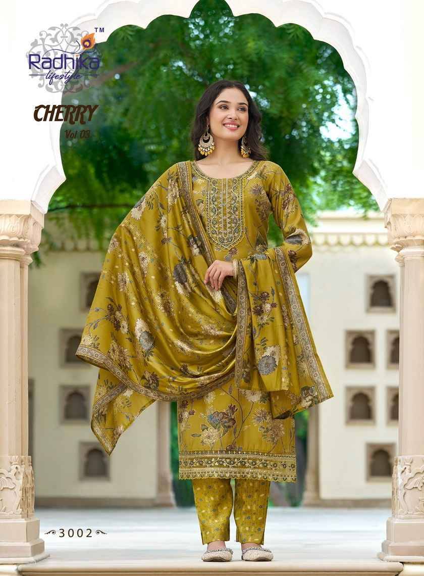 Cherry Vol-3 By Radhika Lifestyle 3001 To 3008 Series Beautiful Festive Suits Colorful Stylish Fancy Casual Wear & Ethnic Wear Pure Chanderi Print Dresses At Wholesale Price