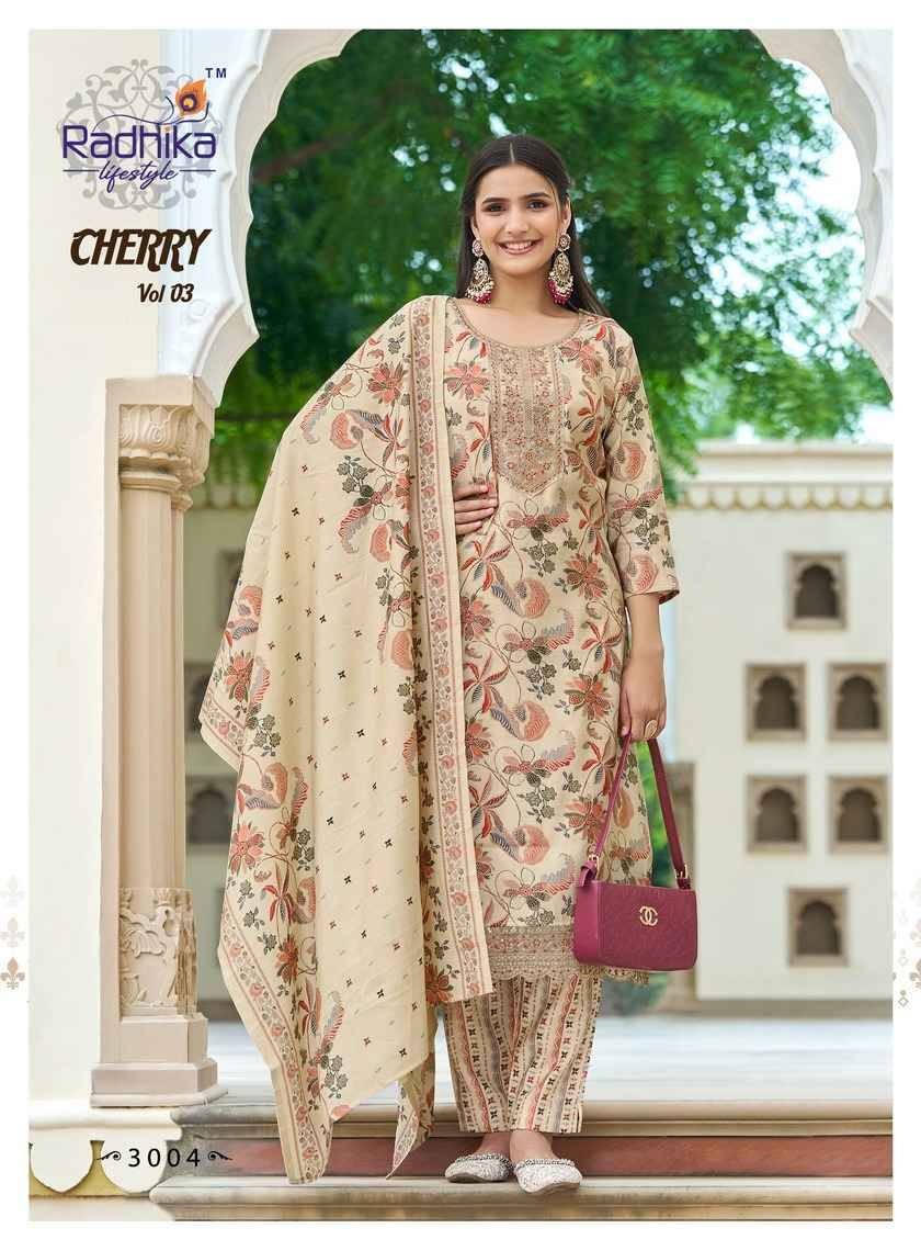 Cherry Vol-3 By Radhika Lifestyle 3001 To 3008 Series Beautiful Festive Suits Colorful Stylish Fancy Casual Wear & Ethnic Wear Pure Chanderi Print Dresses At Wholesale Price