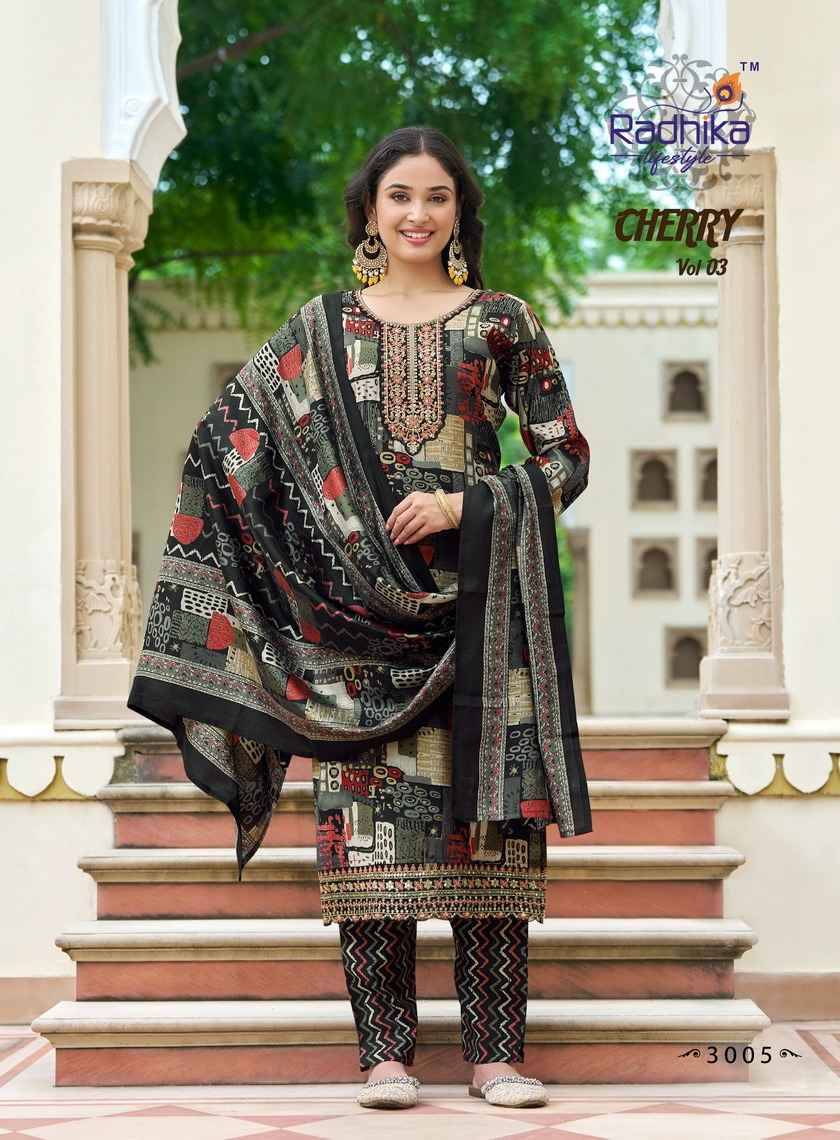 Cherry Vol-3 By Radhika Lifestyle 3001 To 3008 Series Beautiful Festive Suits Colorful Stylish Fancy Casual Wear & Ethnic Wear Pure Chanderi Print Dresses At Wholesale Price