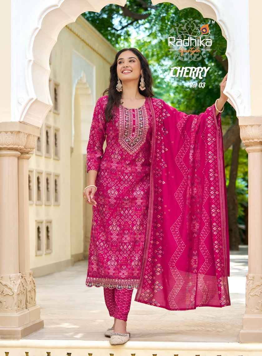 Cherry Vol-3 By Radhika Lifestyle 3001 To 3008 Series Beautiful Festive Suits Colorful Stylish Fancy Casual Wear & Ethnic Wear Pure Chanderi Print Dresses At Wholesale Price