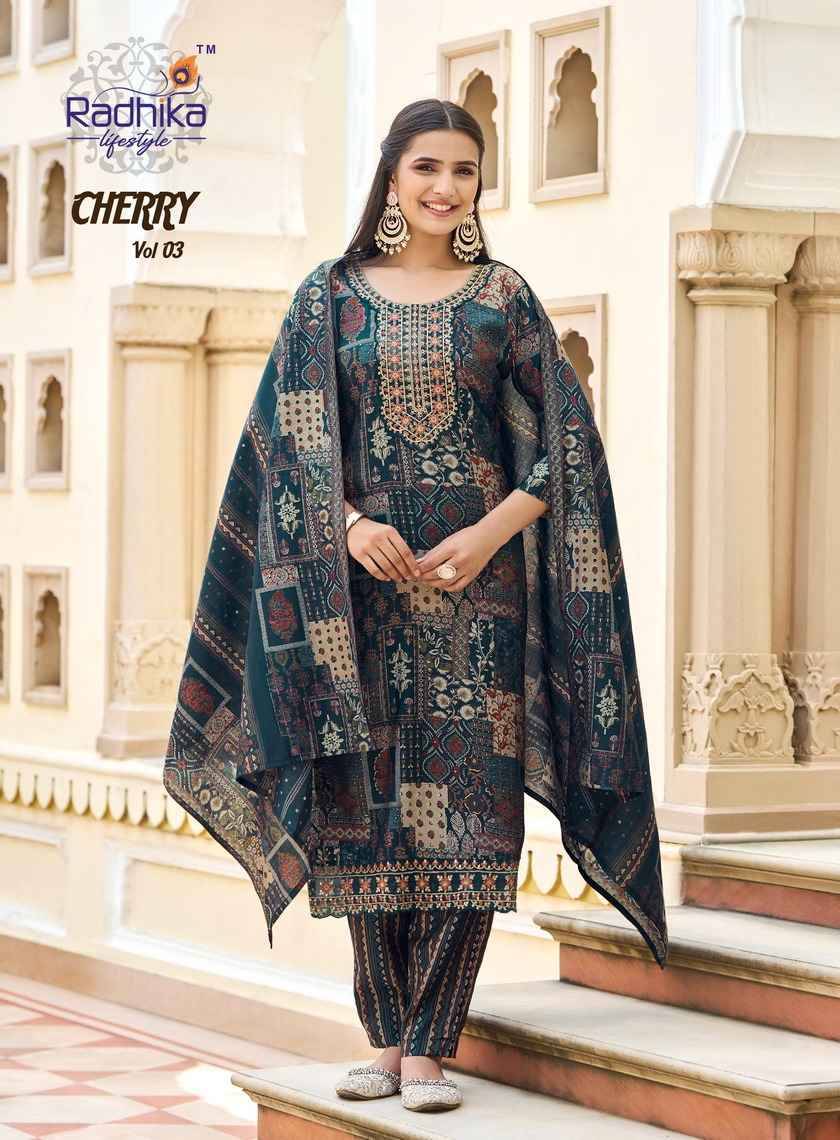 Cherry Vol-3 By Radhika Lifestyle 3001 To 3008 Series Beautiful Festive Suits Colorful Stylish Fancy Casual Wear & Ethnic Wear Pure Chanderi Print Dresses At Wholesale Price