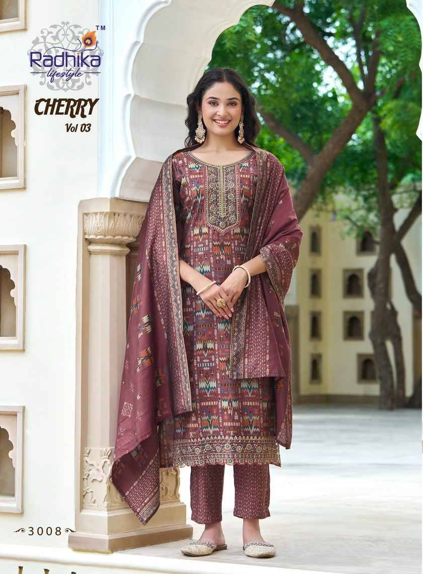 Cherry Vol-3 By Radhika Lifestyle 3001 To 3008 Series Beautiful Festive Suits Colorful Stylish Fancy Casual Wear & Ethnic Wear Pure Chanderi Print Dresses At Wholesale Price