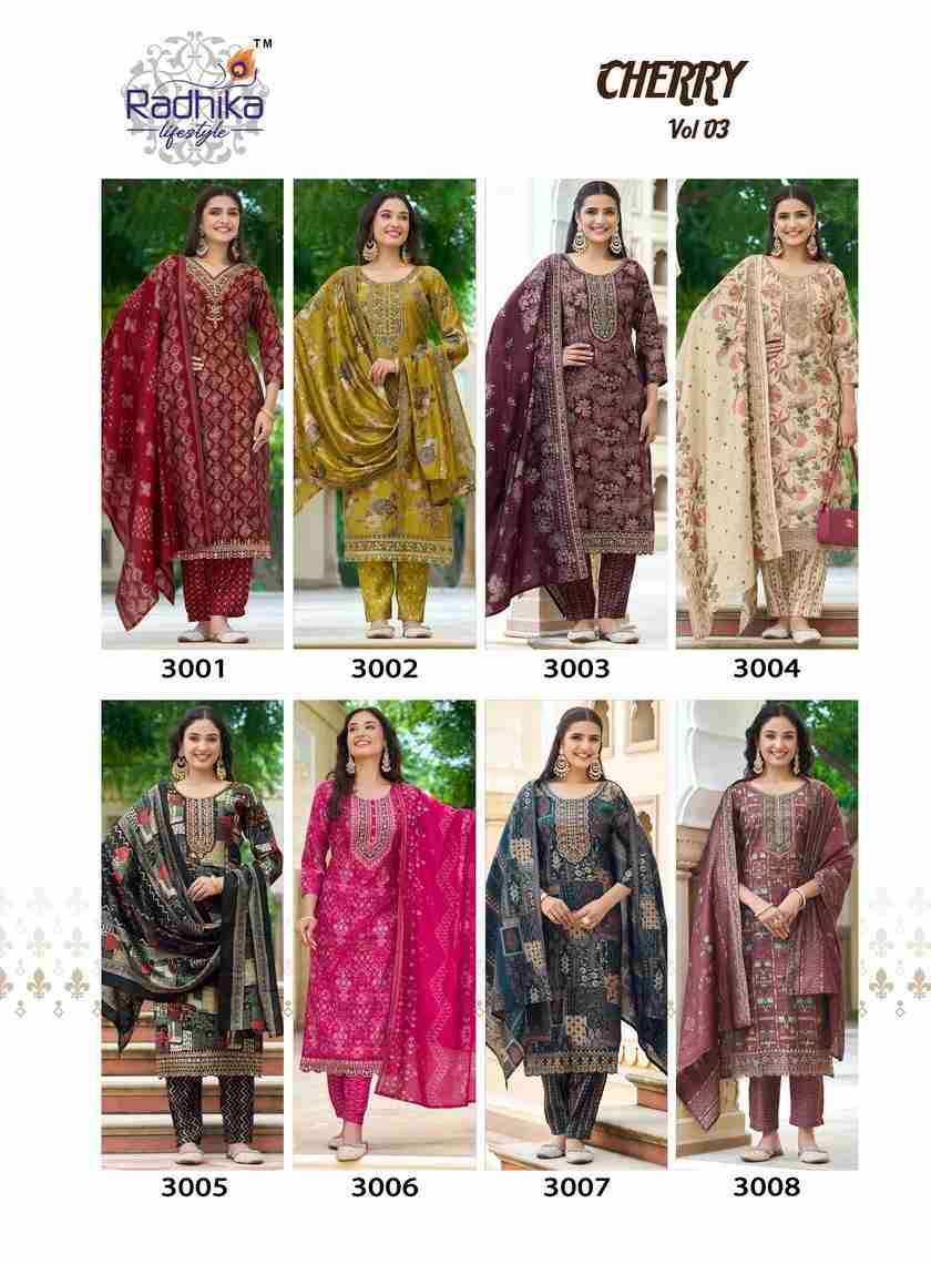 Cherry Vol-3 By Radhika Lifestyle 3001 To 3008 Series Beautiful Festive Suits Colorful Stylish Fancy Casual Wear & Ethnic Wear Pure Chanderi Print Dresses At Wholesale Price