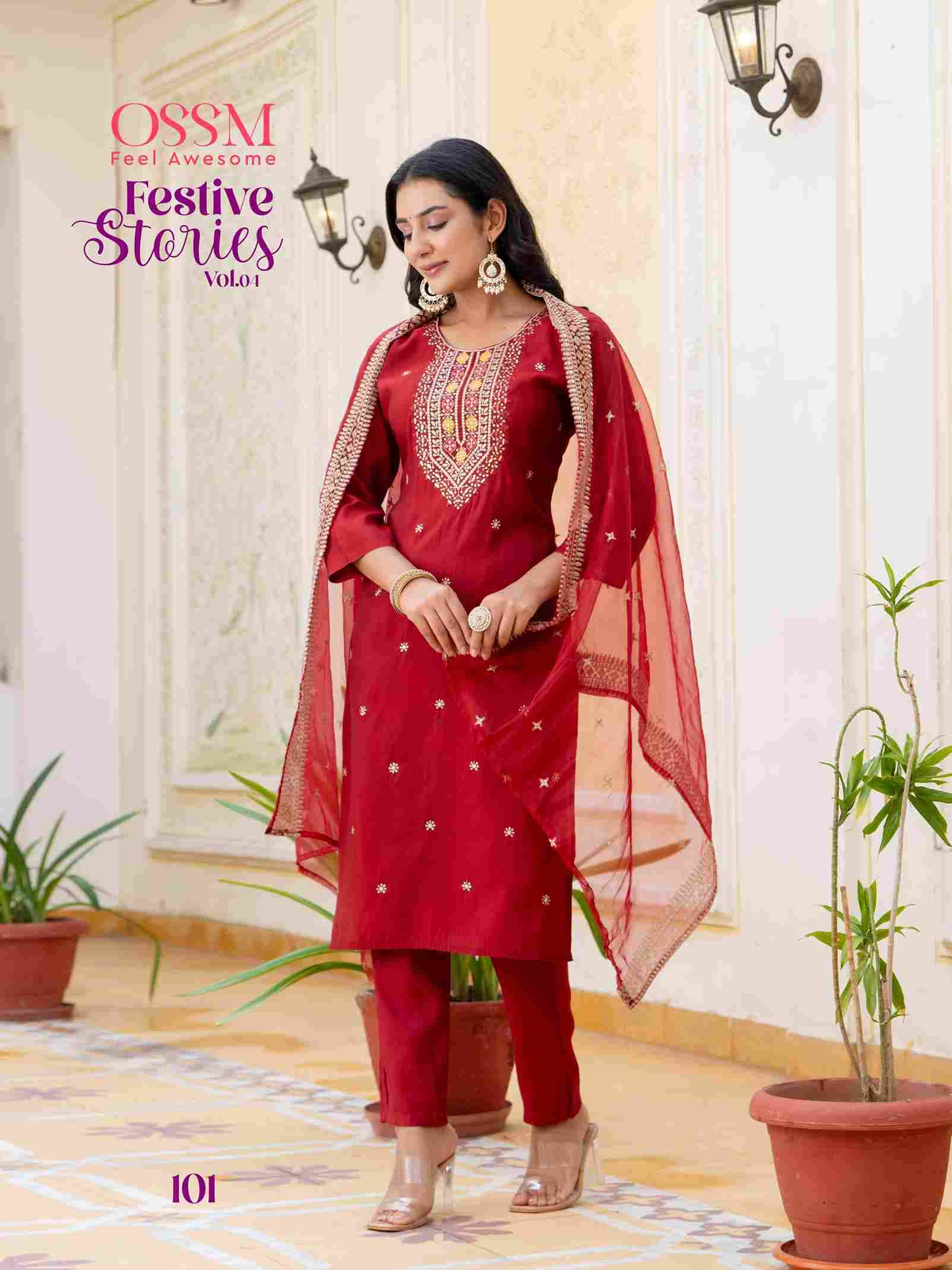 Festive Stories Vol-4 By Ossm 101 To 106 Series Beautiful Festive Suits Stylish Fancy Colorful Casual Wear & Ethnic Wear Viscose Silk With Work Dresses At Wholesale Price