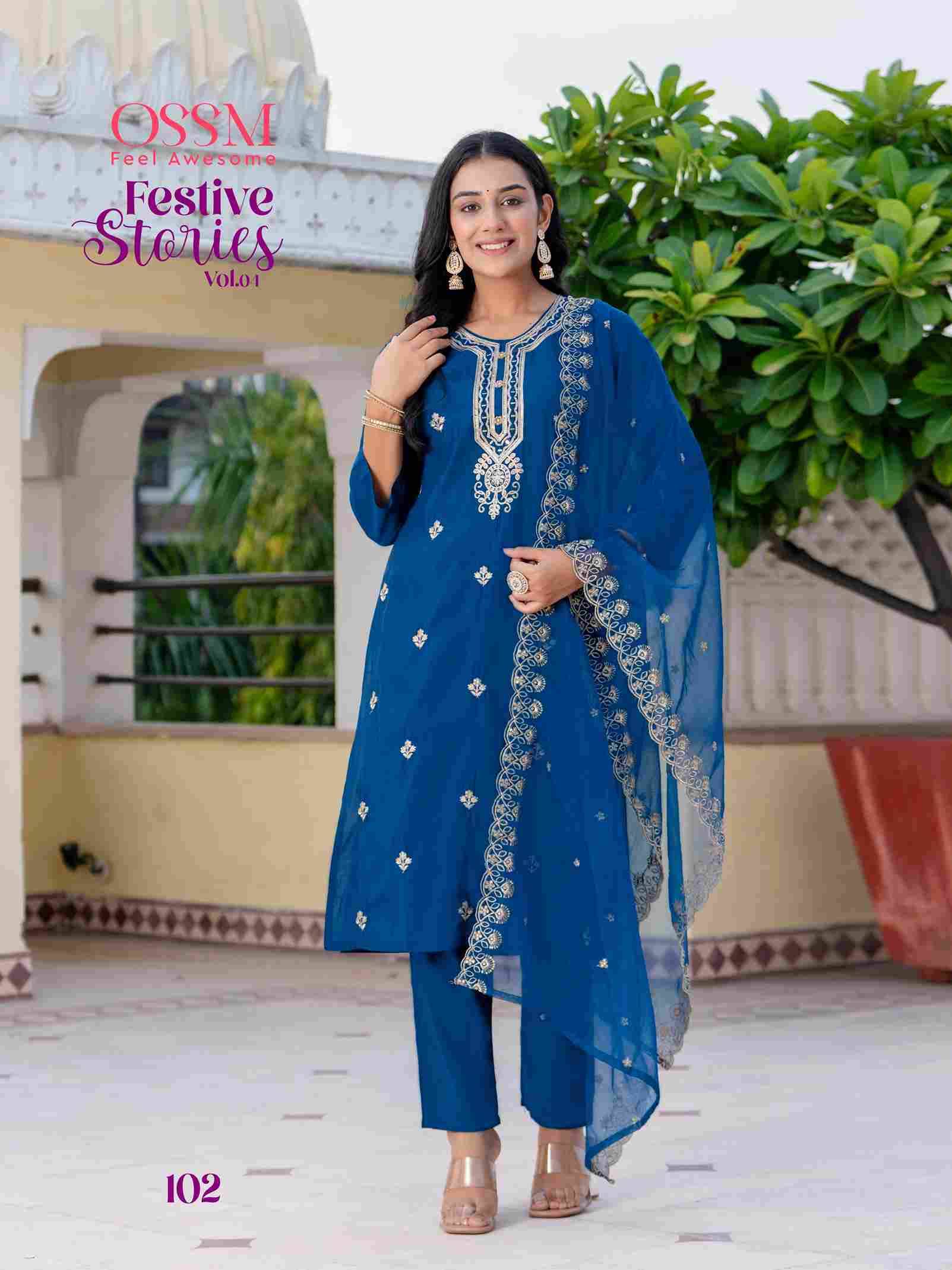 Festive Stories Vol-4 By Ossm 101 To 106 Series Beautiful Festive Suits Stylish Fancy Colorful Casual Wear & Ethnic Wear Viscose Silk With Work Dresses At Wholesale Price