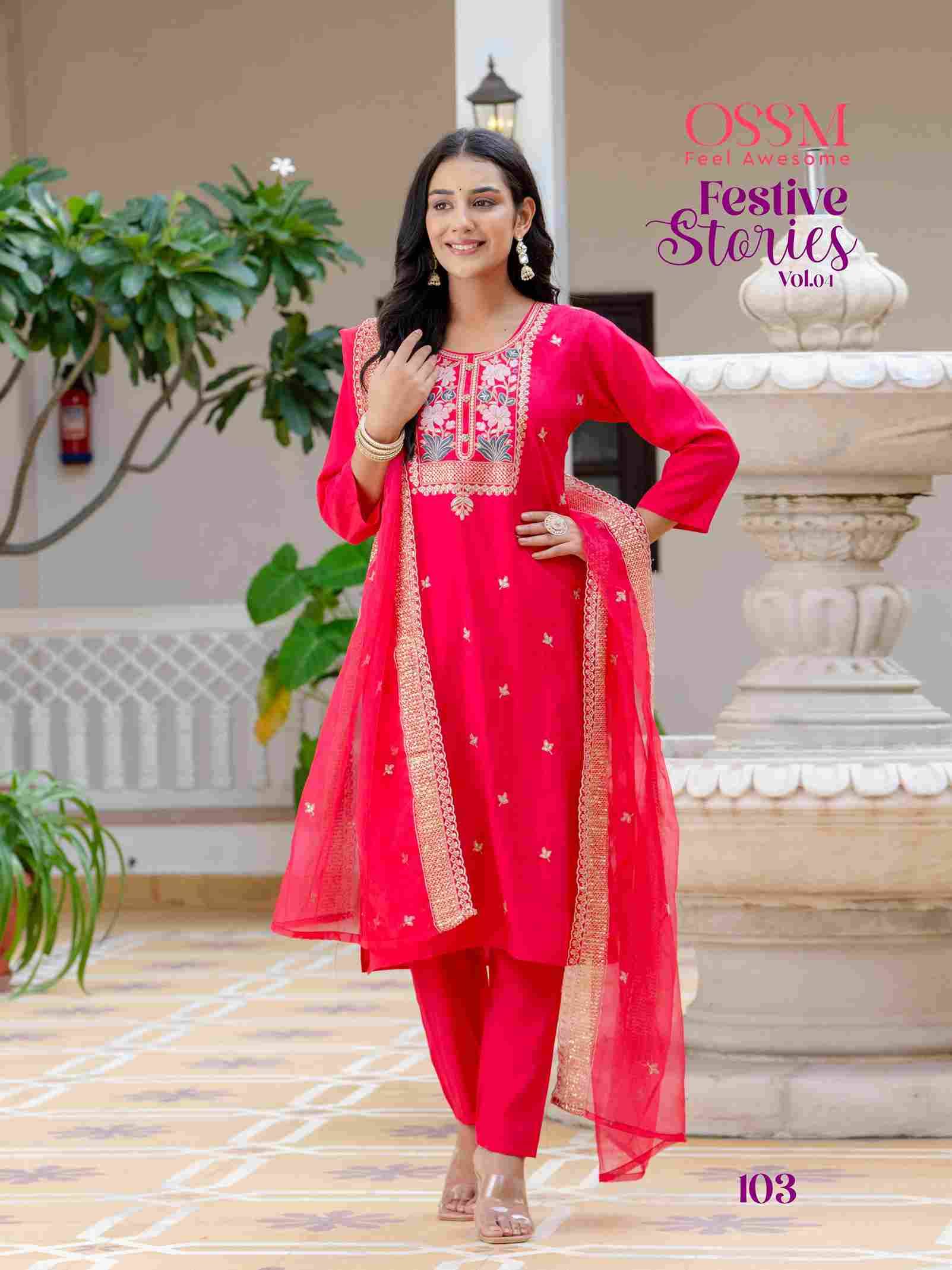 Festive Stories Vol-4 By Ossm 101 To 106 Series Beautiful Festive Suits Stylish Fancy Colorful Casual Wear & Ethnic Wear Viscose Silk With Work Dresses At Wholesale Price