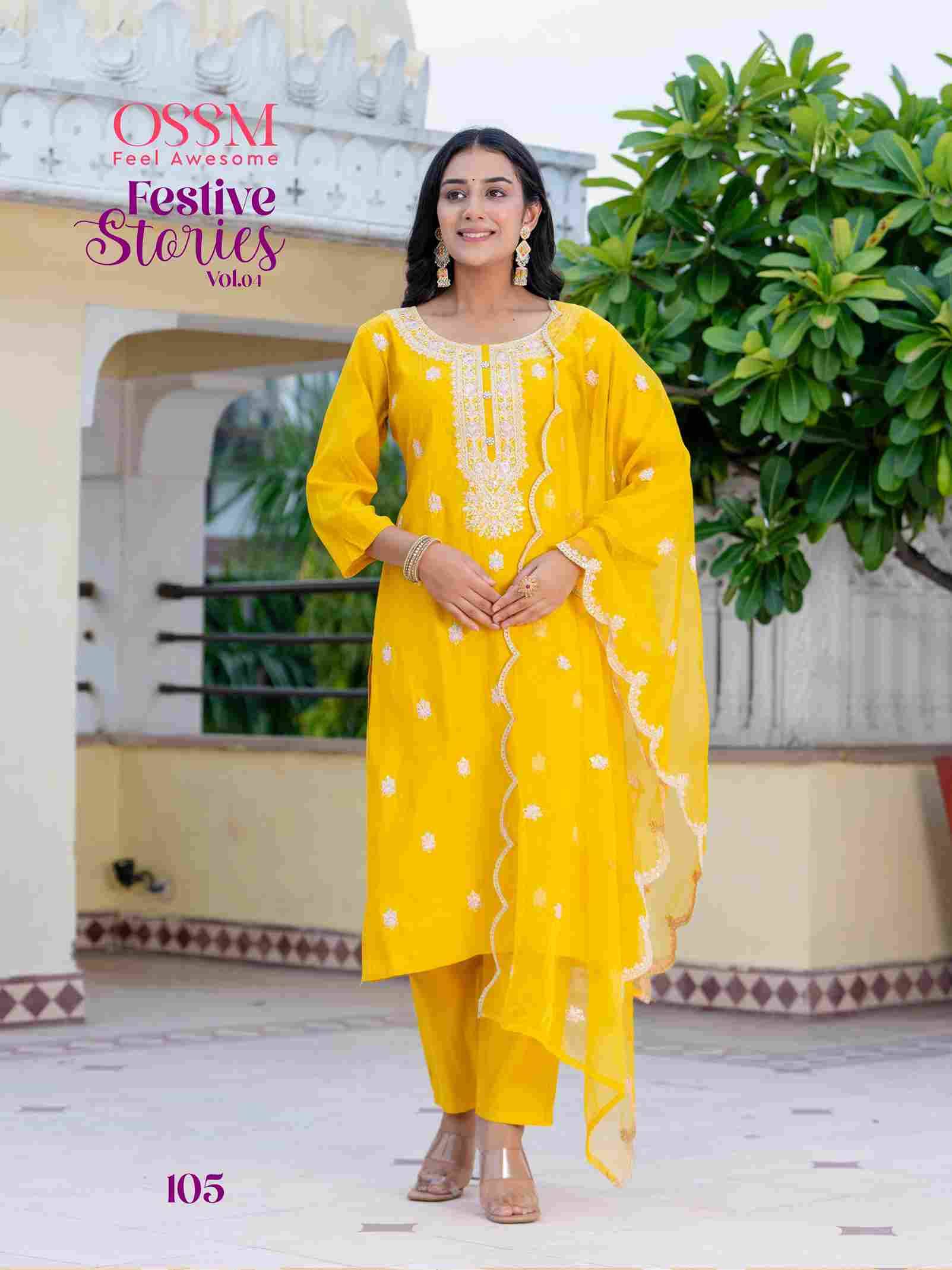 Festive Stories Vol-4 By Ossm 101 To 106 Series Beautiful Festive Suits Stylish Fancy Colorful Casual Wear & Ethnic Wear Viscose Silk With Work Dresses At Wholesale Price