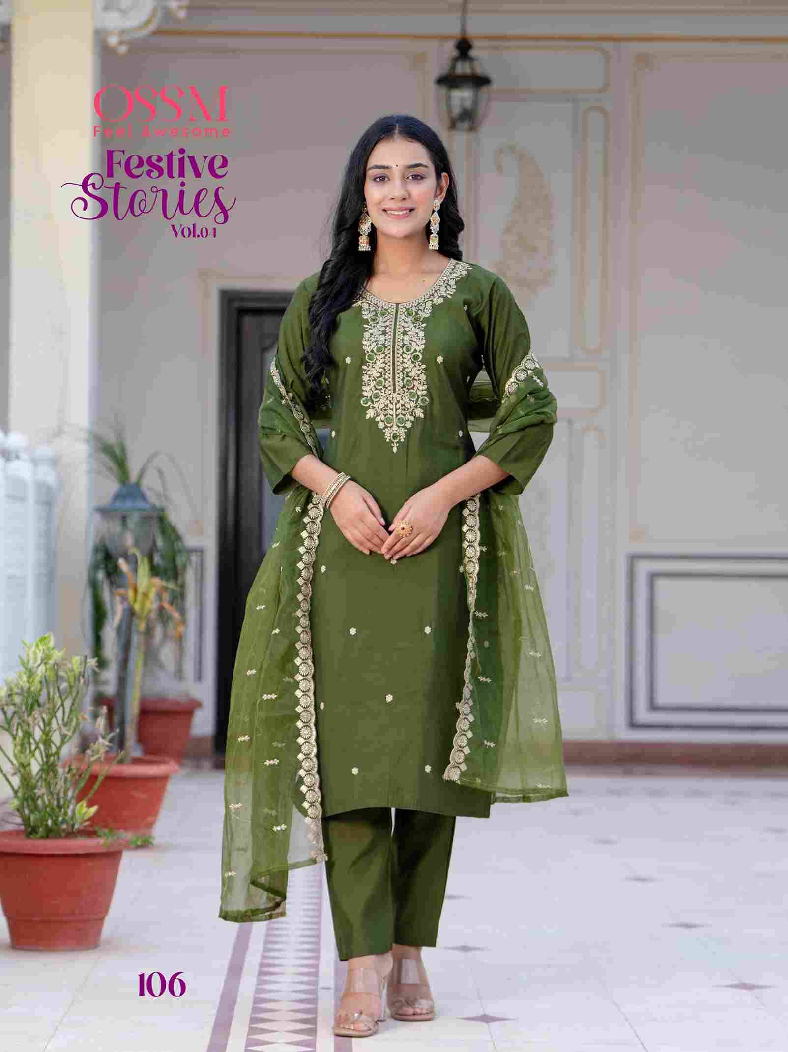 Festive Stories Vol-4 By Ossm 101 To 106 Series Beautiful Festive Suits Stylish Fancy Colorful Casual Wear & Ethnic Wear Viscose Silk With Work Dresses At Wholesale Price