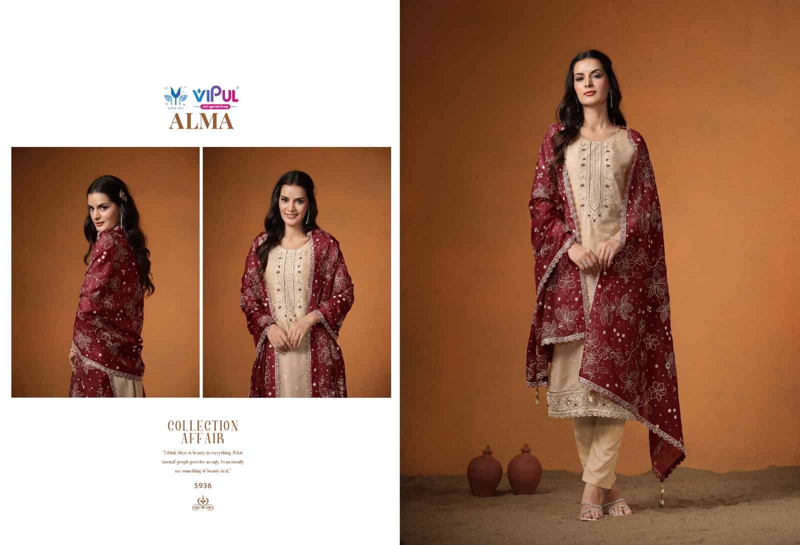 Alma By Vipul Fashion 5931 To 5936 Series Designer Festive Suits Beautiful Fancy Stylish Colorful Party Wear & Occasional Wear Velvet Satin Embroidered Dresses At Wholesale Price