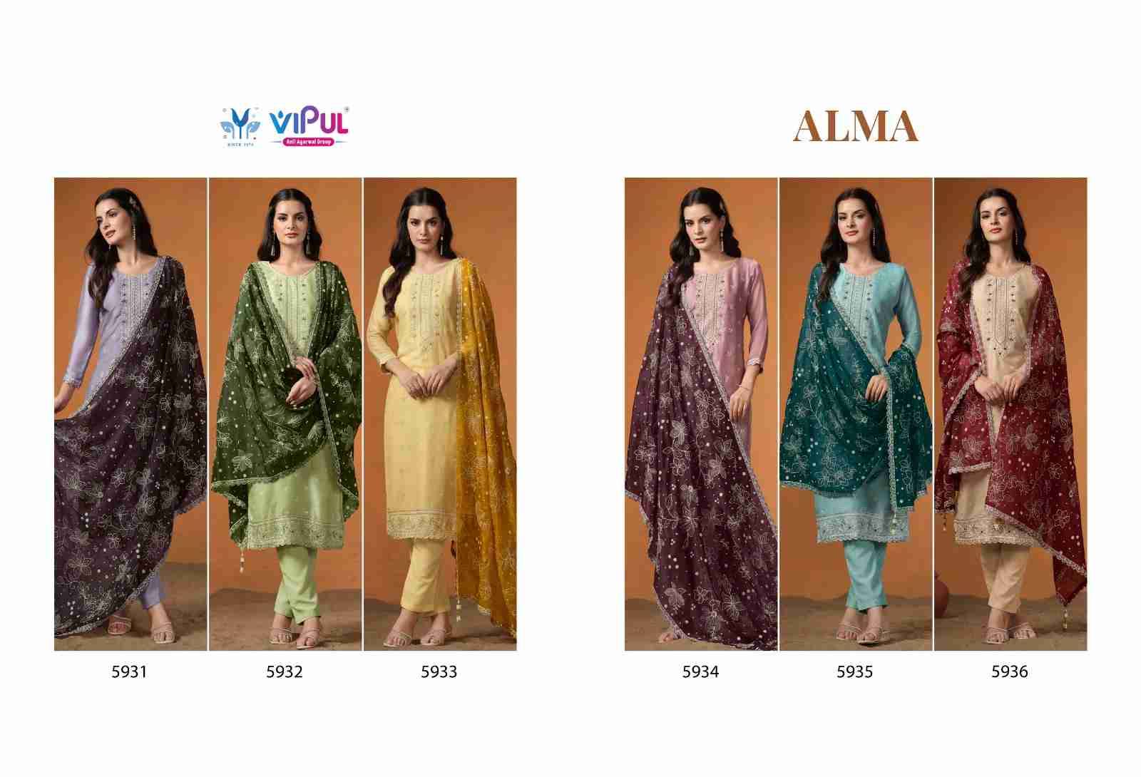 Alma By Vipul Fashion 5931 To 5936 Series Designer Festive Suits Beautiful Fancy Stylish Colorful Party Wear & Occasional Wear Velvet Satin Embroidered Dresses At Wholesale Price