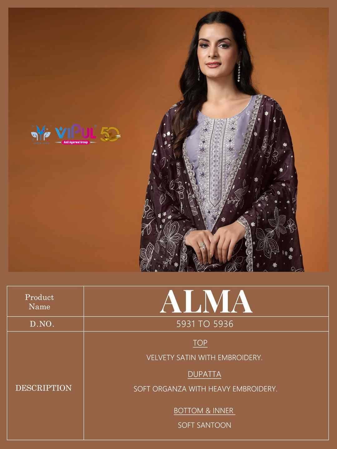 Alma By Vipul Fashion 5931 To 5936 Series Designer Festive Suits Beautiful Fancy Stylish Colorful Party Wear & Occasional Wear Velvet Satin Embroidered Dresses At Wholesale Price