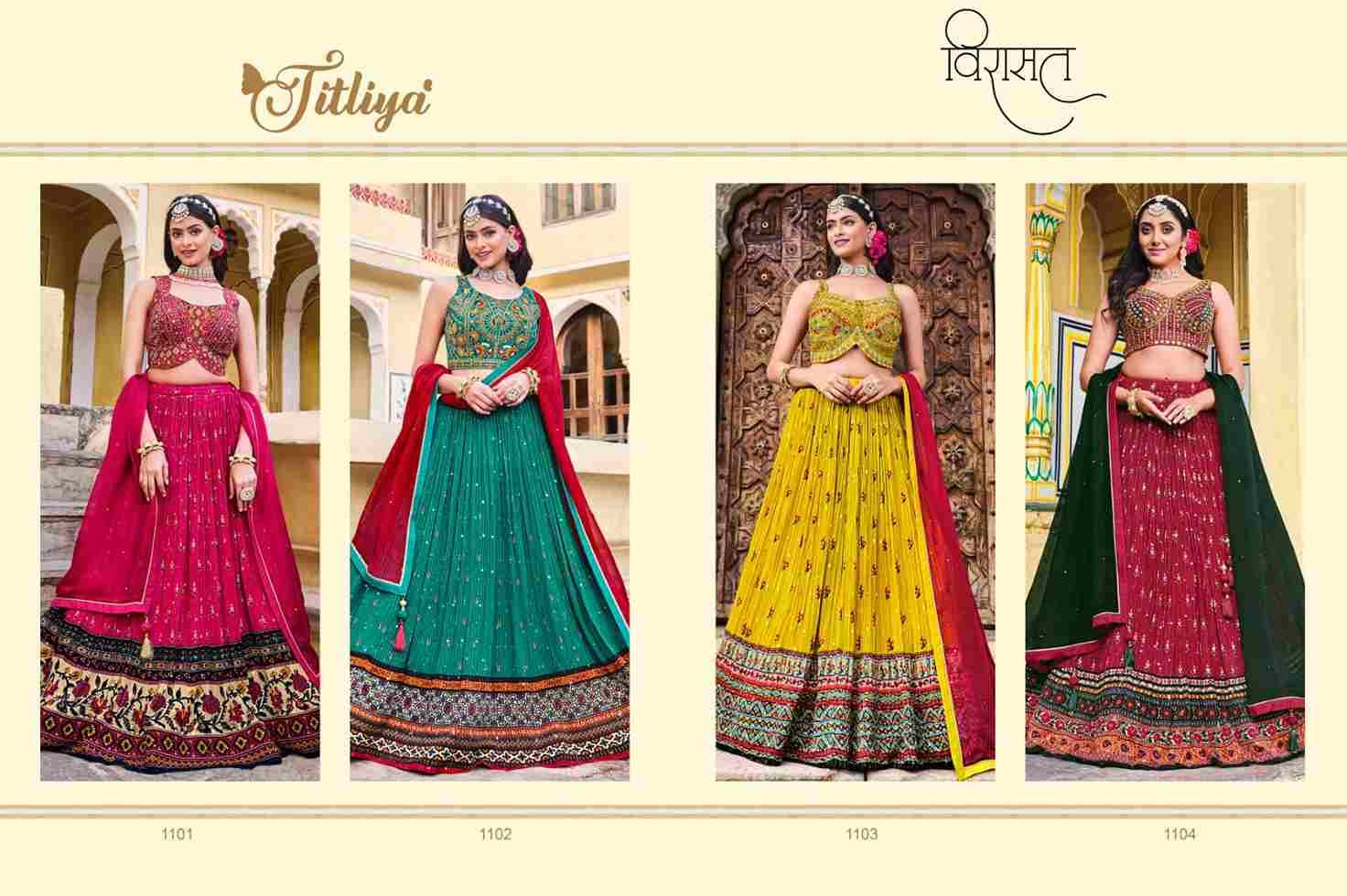 Titliya By Virasat 1101 To 1104 Series Festive Wear Collection Beautiful Stylish Colorful Fancy Party Wear & Occasional Wear Pure Chinnon Lehengas At Wholesale Price