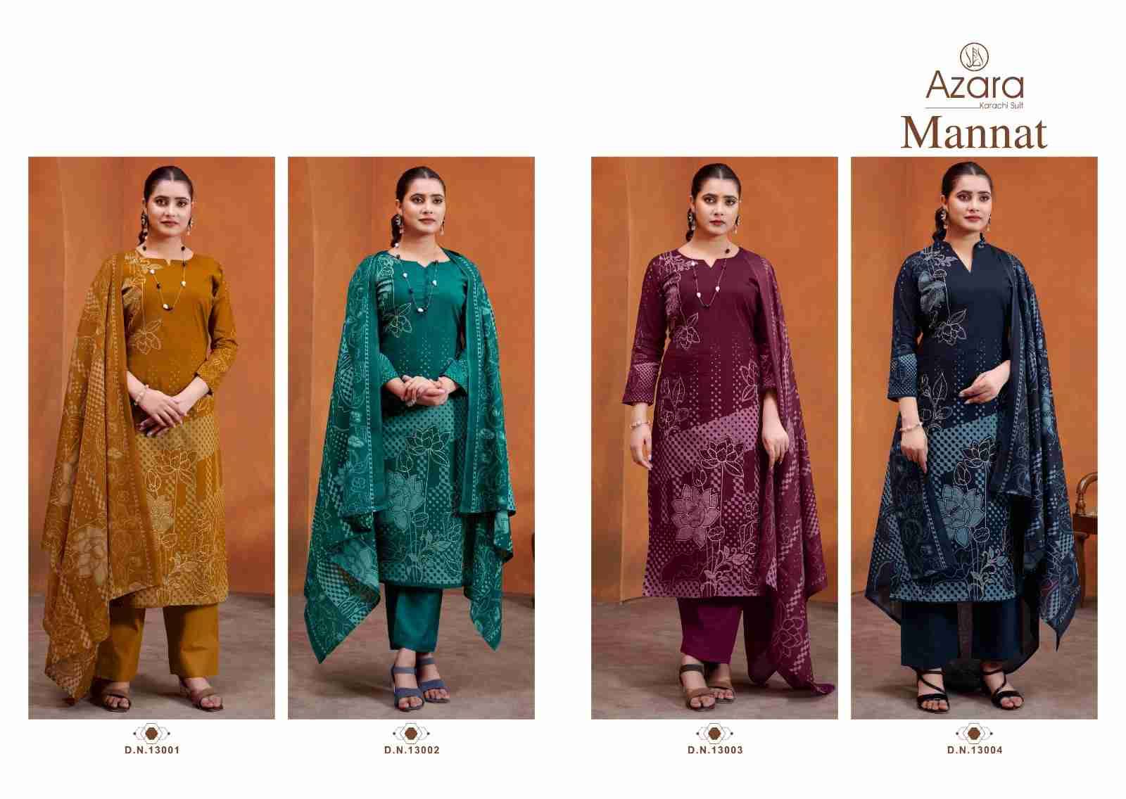 Mannat By Azara 13001 To 13004 Series Beautiful Festive Suits Stylish Fancy Colorful Casual Wear & Ethnic Wear Cotton Lawn Dresses At Wholesale Price