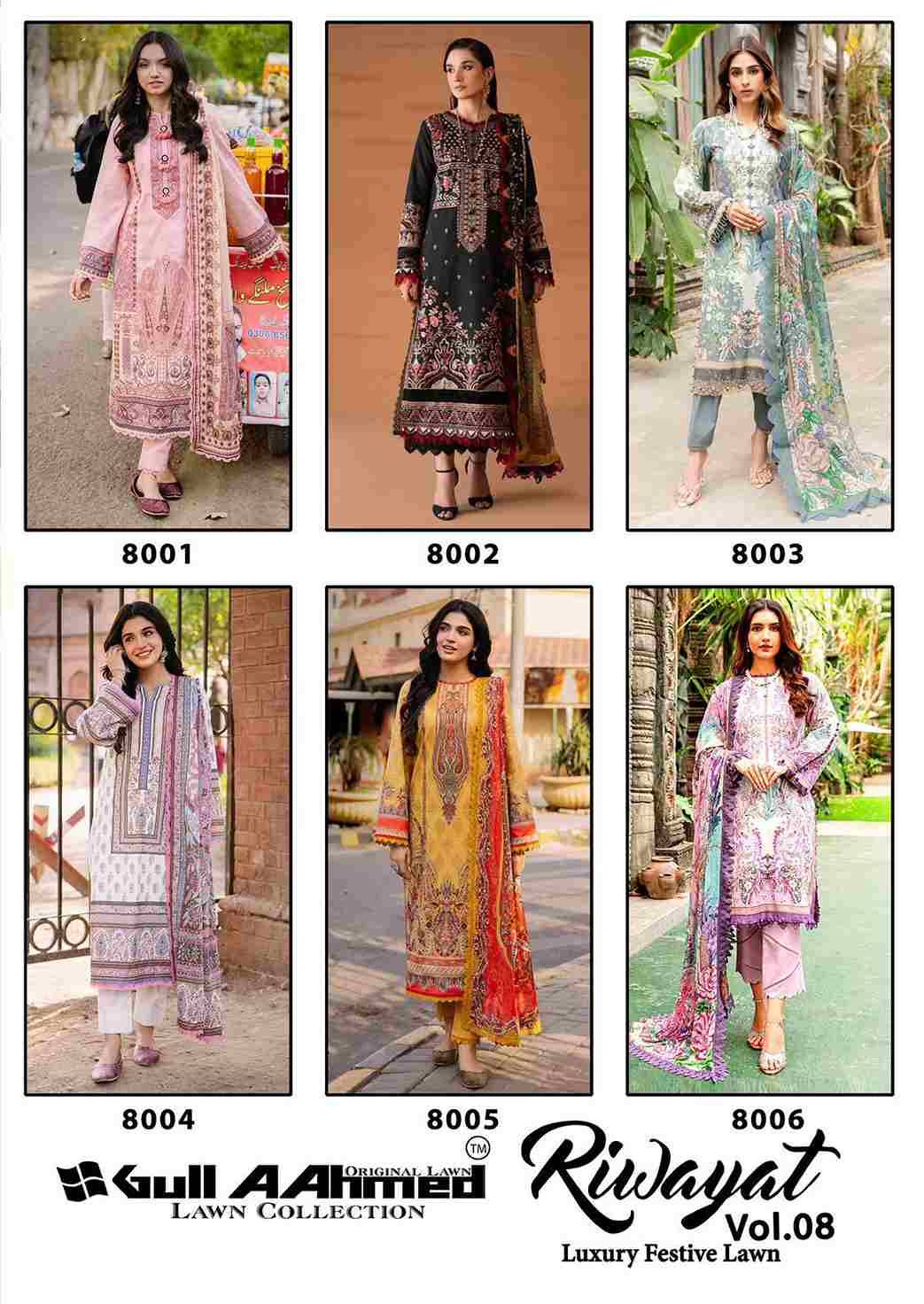 Riwayat Vol-8 By Gull Aahmed 8001 To 8006 Series Beautiful Festive Suits Stylish Fancy Colorful Casual Wear & Ethnic Wear Pure Lawn Embroidered Dresses At Wholesale Price