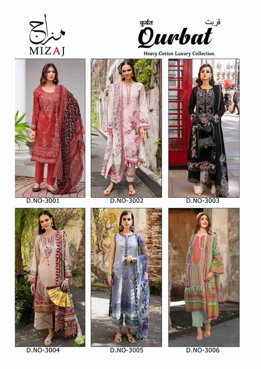 Qurbat Vol-3 By Mizaj 3001 To 3006 Series Beautiful Suits Colorful Stylish Fancy Casual Wear & Ethnic Wear Premium Cotton Print Dresses At Wholesale Price