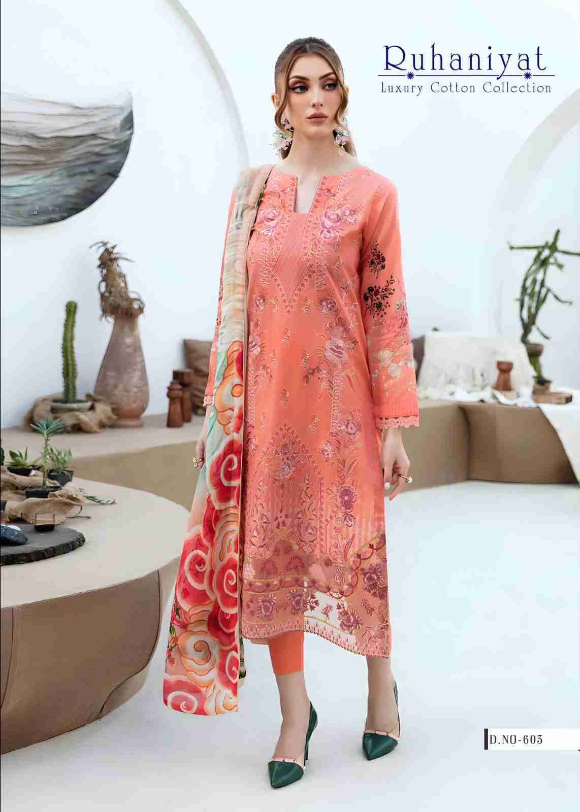 Ruhaniyat Vol-6 By Fashid Wholesale 601 To 606 Series Beautiful Suits Colorful Stylish Fancy Casual Wear & Ethnic Wear Pure Cotton Embroidered Dresses At Wholesale Price