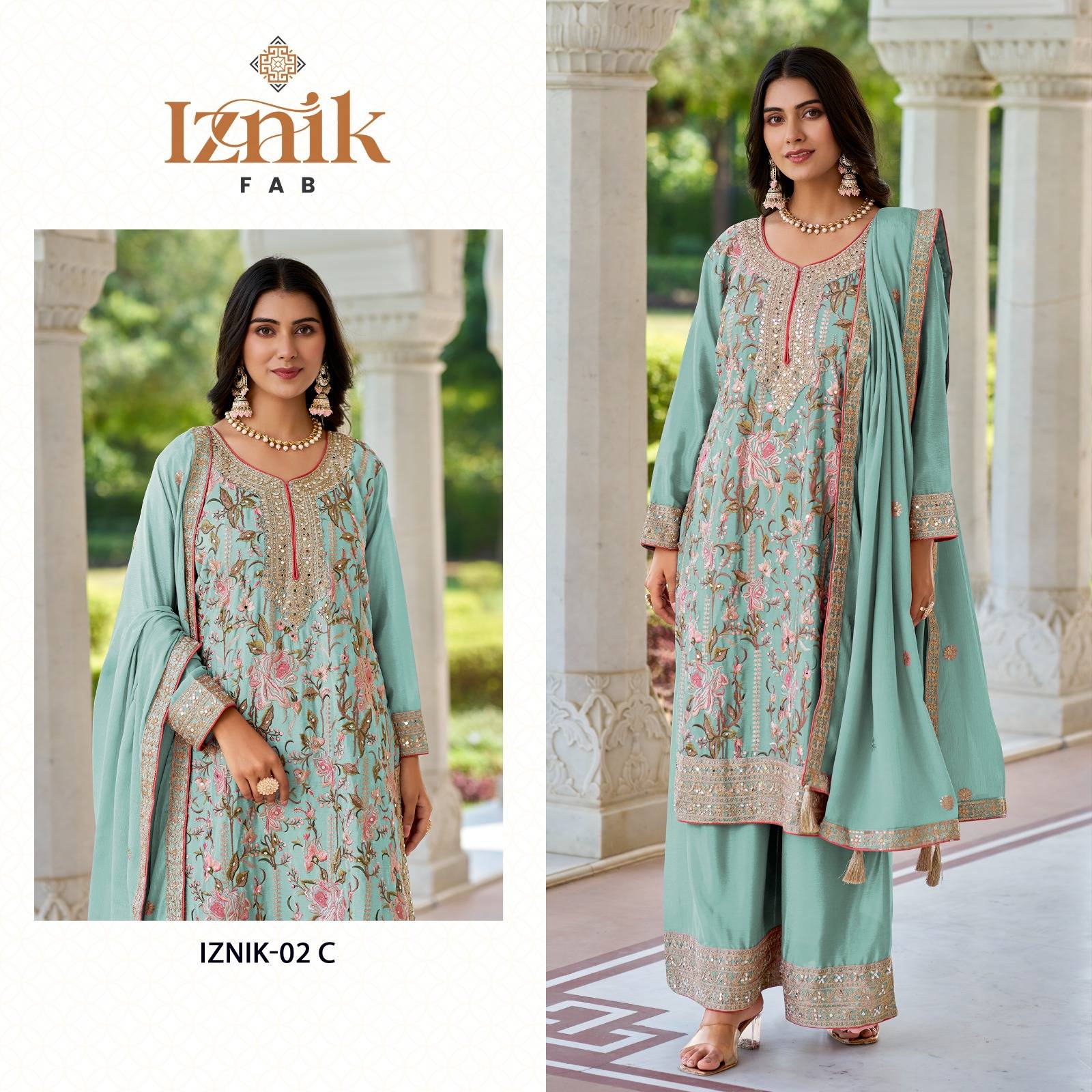 Iznik 02 Colours By Iznik Fab 02-A To 02-C Series Designer Pakistani Suits Beautiful Stylish Fancy Colorful Party Wear & Occasional Wear Japan Satin With Embroidery Dresses At Wholesale Price