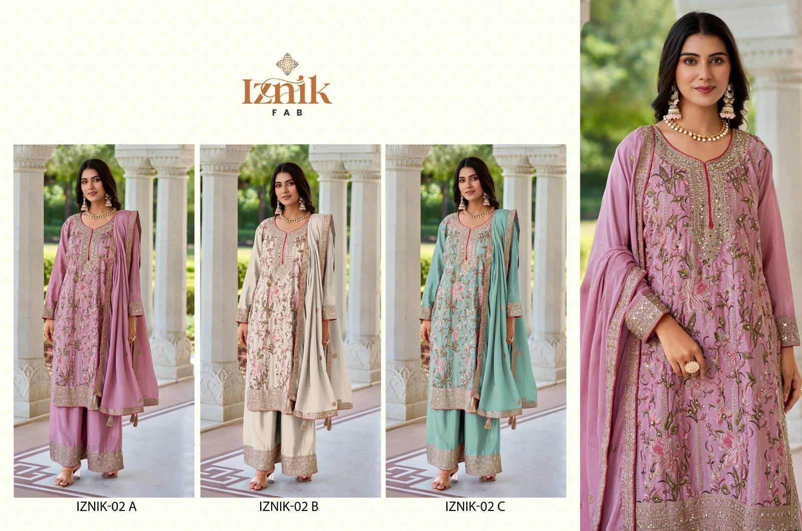 Iznik 02 Colours By Iznik Fab 02-A To 02-C Series Designer Pakistani Suits Beautiful Stylish Fancy Colorful Party Wear & Occasional Wear Japan Satin With Embroidery Dresses At Wholesale Price