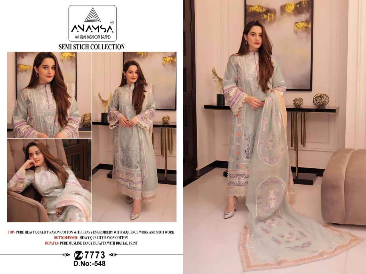 Anamsa Hit Design 548 By Fashid Wholesale Beautiful Pakistani Suits Colorful Stylish Fancy Casual Wear & Ethnic Wear Pure Rayon Cotton Embroidered Dresses At Wholesale Price