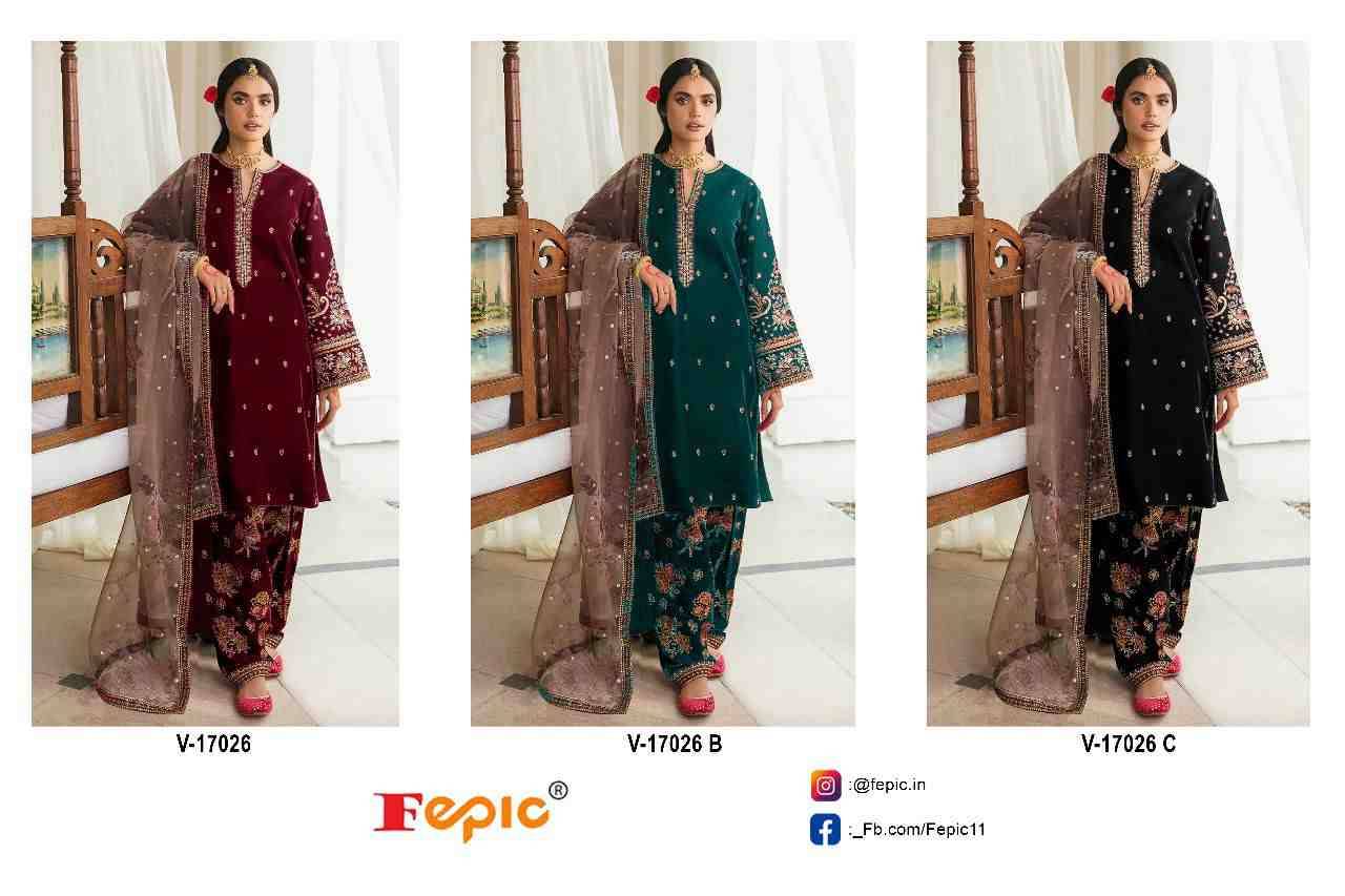 Fepic 17026 Colours By Fepic 17026-A To 17026-C Series Beautiful Pakistani Suits Colorful Stylish Fancy Casual Wear & Ethnic Wear Velvet Embroidered Dresses At Wholesale Price