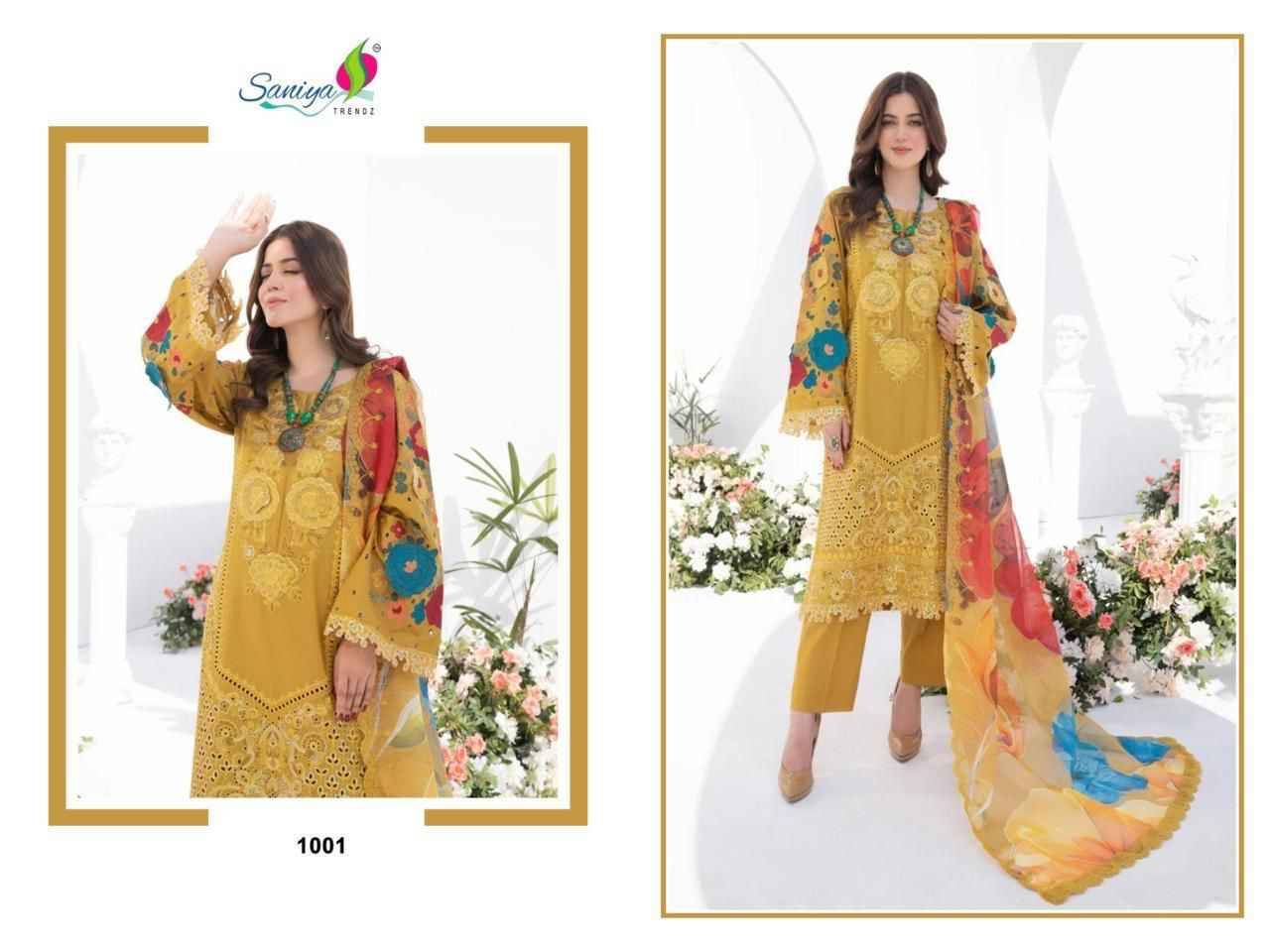 Karma Collection Vol-1 By Saniya Trendz 1001 To 1003 Series Beautiful Pakistani Suits Colorful Stylish Fancy Casual Wear & Ethnic Wear Cotton Embroidered Dresses At Wholesale Price