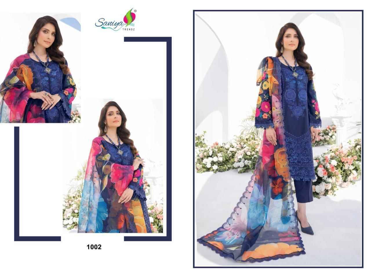 Karma Collection Vol-1 By Saniya Trendz 1001 To 1003 Series Beautiful Pakistani Suits Colorful Stylish Fancy Casual Wear & Ethnic Wear Cotton Embroidered Dresses At Wholesale Price