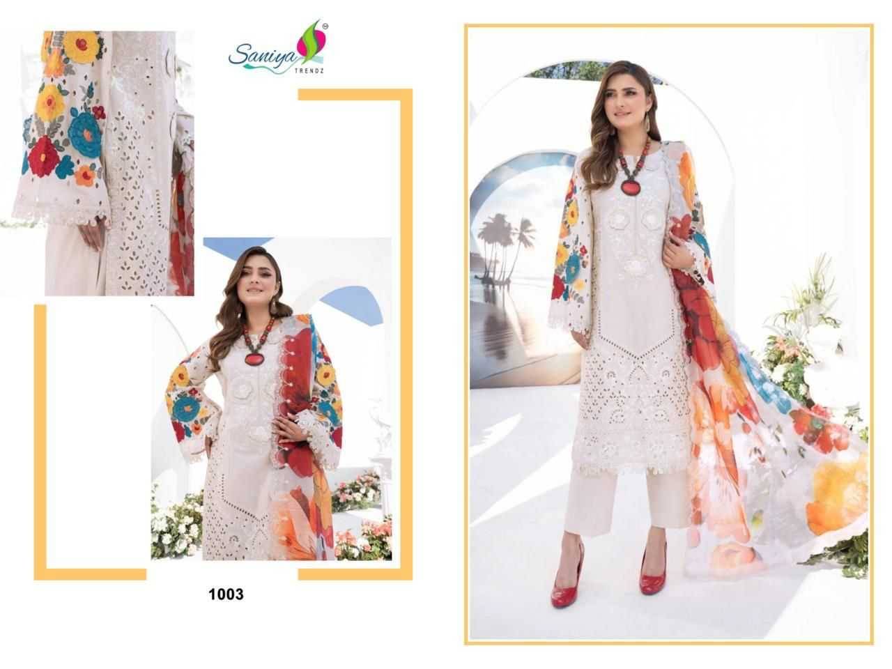 Karma Collection Vol-1 By Saniya Trendz 1001 To 1003 Series Beautiful Pakistani Suits Colorful Stylish Fancy Casual Wear & Ethnic Wear Cotton Embroidered Dresses At Wholesale Price